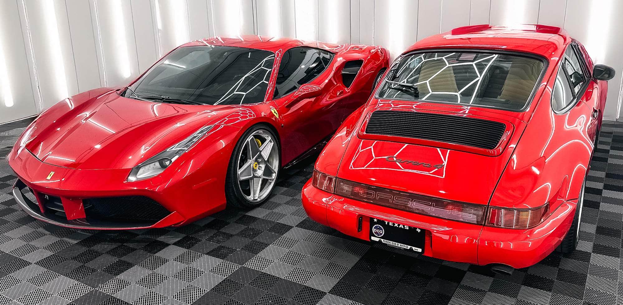 Red Ferrari and Porsche with high-gloss finishes after ceramic coating and paint protection film in Dallas, TX - Martin Auto Detailing